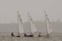 drei OK-Jollen bei wenig Wind und nasskaltem Wetter