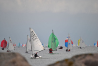 Viele Jollen mit bunten Segeln beim Auslaufen vor dem Kieler Olympiahafen